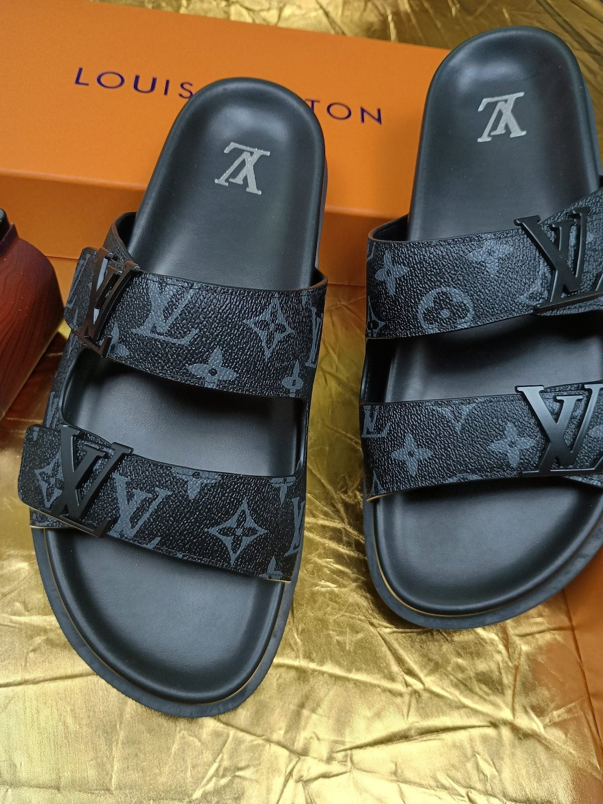 Louis Vuitton Dark Gray Monogram Slide Sandals - Black Footbed